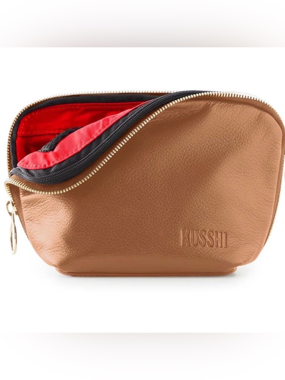 Kusshi Everyday Leather Makeup Bag in Camel Red Leather